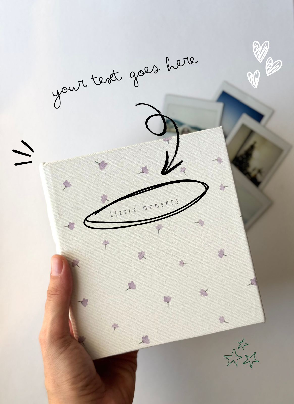 Example showing where personalized text appears on the photo album cover.