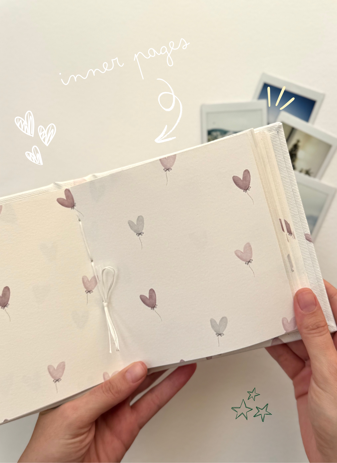 Inside pages of 48-page Polaroid photo album for photos, tickets, and stickers.