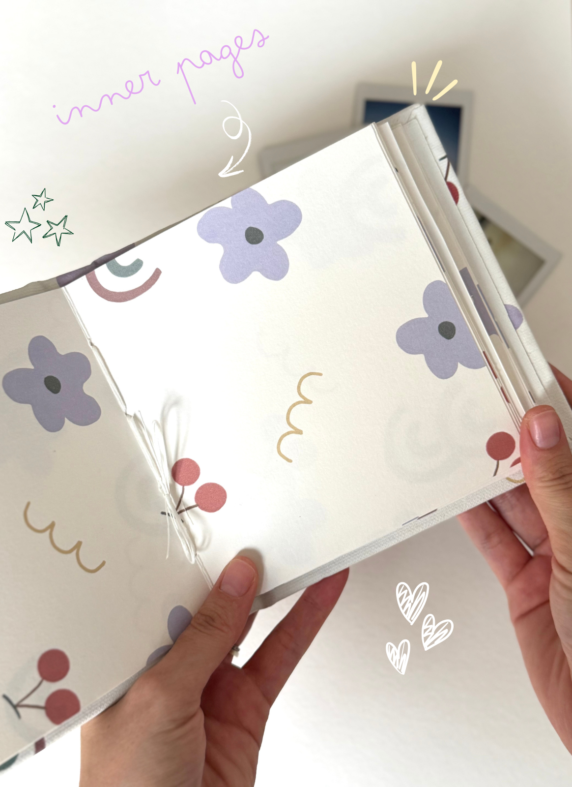 Inside pages of 48-page Polaroid photo album for photos, tickets, and stickers.