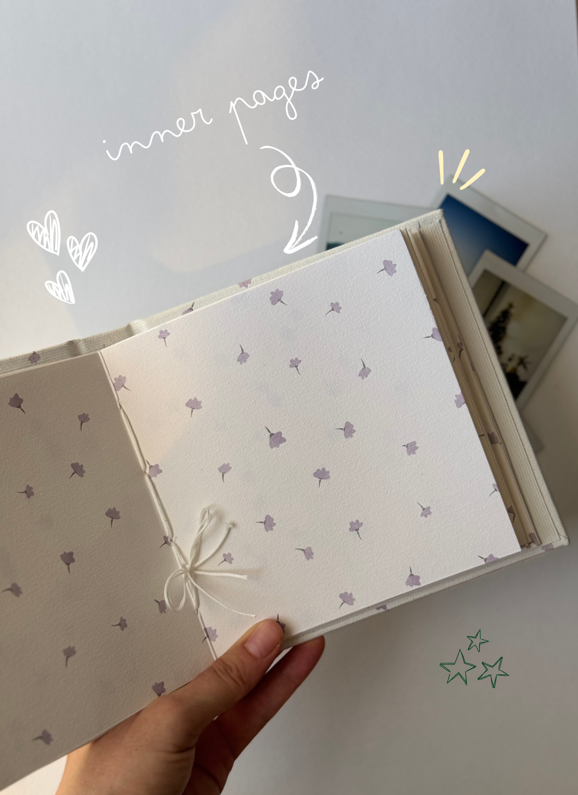 Inside pages of 48-page Polaroid photo album for photos, tickets, and stickers.