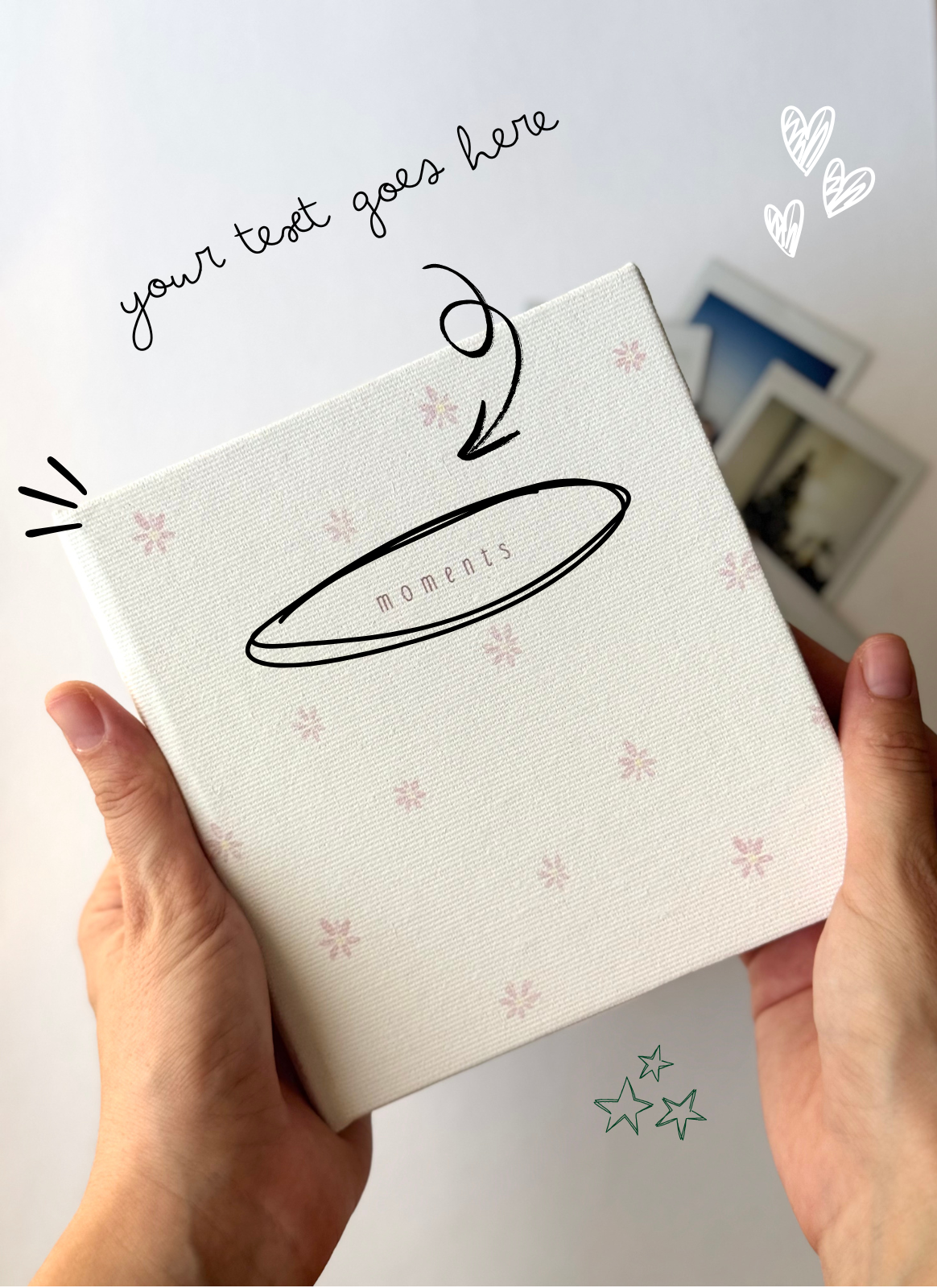 Example showing where personalized text appears on the photo album cover.