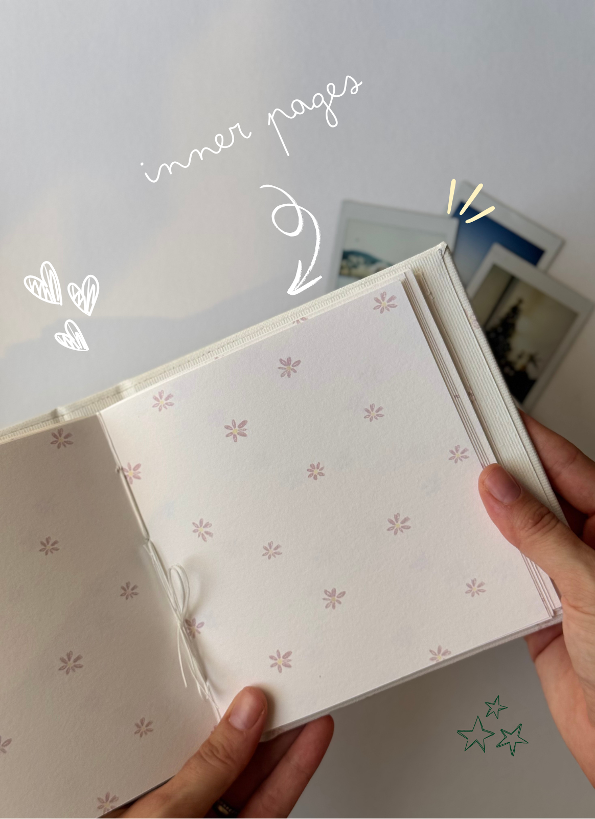 Inside pages of 48-page Polaroid photo album for photos, tickets, and stickers.