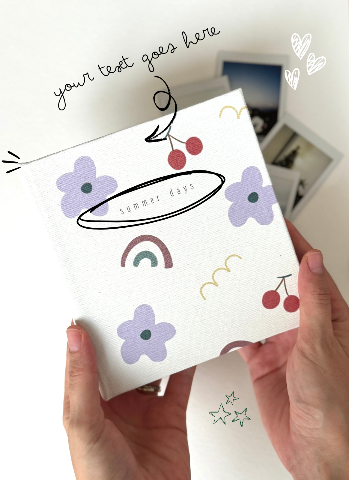 Example showing where personalized text appears on the photo album cover.