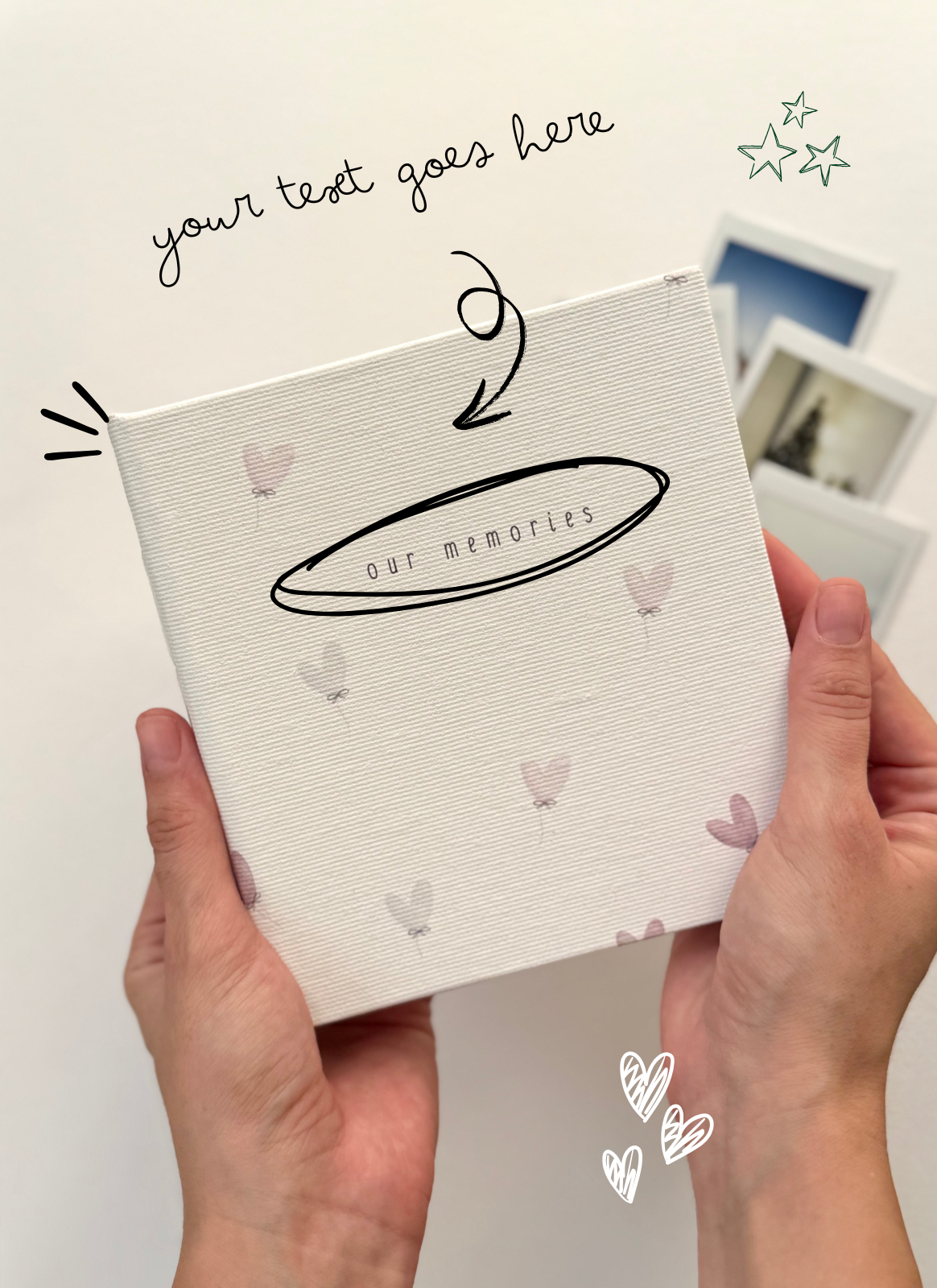 Example showing where personalized text appears on the photo album cover.