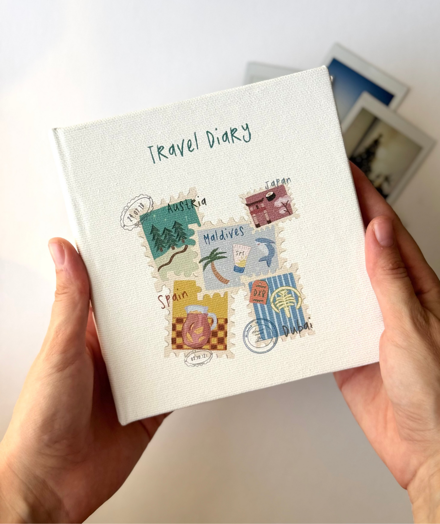 Personalized Polaroid photo album with travel inspired illustration and 48 pages and custom name on cover.